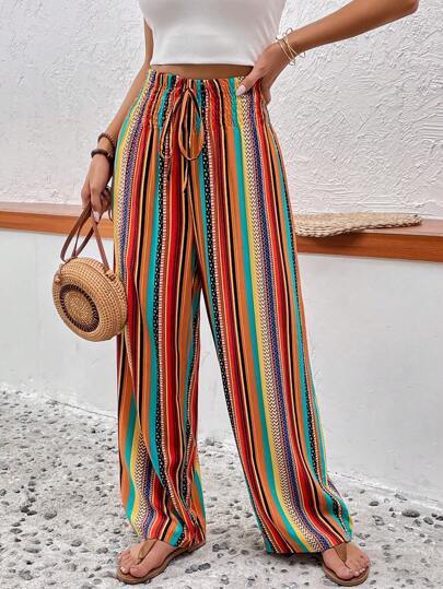 Multi-color Stripe Women's Casual Pants Tied Elastic Waist