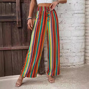 Multi-color Stripe Women's Casual Pants Tied Elastic Waist