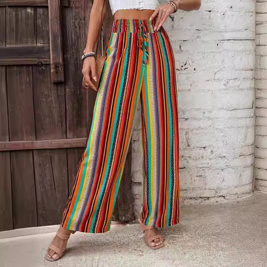 Multi-color Stripe Women's Casual Pants Tied Elastic Waist