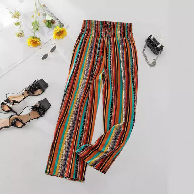 Multi-color Stripe Women's Casual Pants Tied Elastic Waist