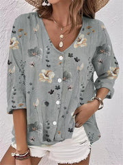 Women's V-neck Button Chiffon Printed Cardigan Long Sleeved Shirt