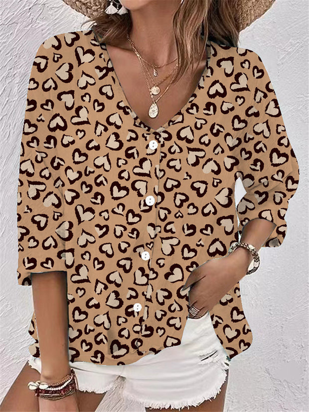 Women's V-neck Button Chiffon Printed Cardigan Long Sleeved Shirt