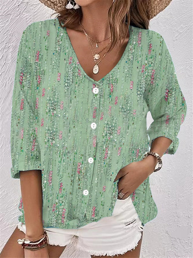 Women's V-neck Button Chiffon Printed Cardigan Long Sleeved Shirt