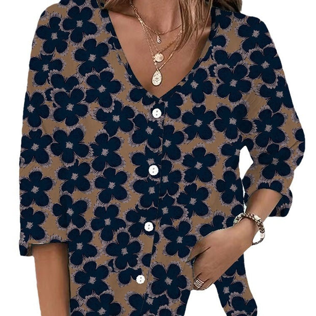 Women's V-neck Button Chiffon Printed Cardigan Long Sleeved Shirt