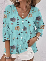 Women's V-neck Button Chiffon Printed Cardigan Long Sleeved Shirt