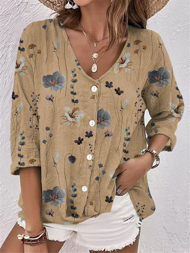 Women's V-neck Button Chiffon Printed Cardigan Long Sleeved Shirt