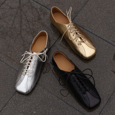 Sheepskin Square Toe Laces Deep Mouth Flat Women's Shoes