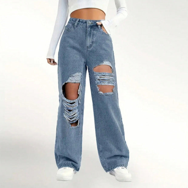 European And American Fashion Ripped High Waist Jeans