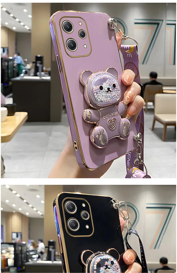 S 24plusQuicksand Bear Holder Lanyard Phone Case For Samsung Galaxy A25 A55 A15 A35 A04E 4G 5G S24 Ultra Strap Stand Cover a 55