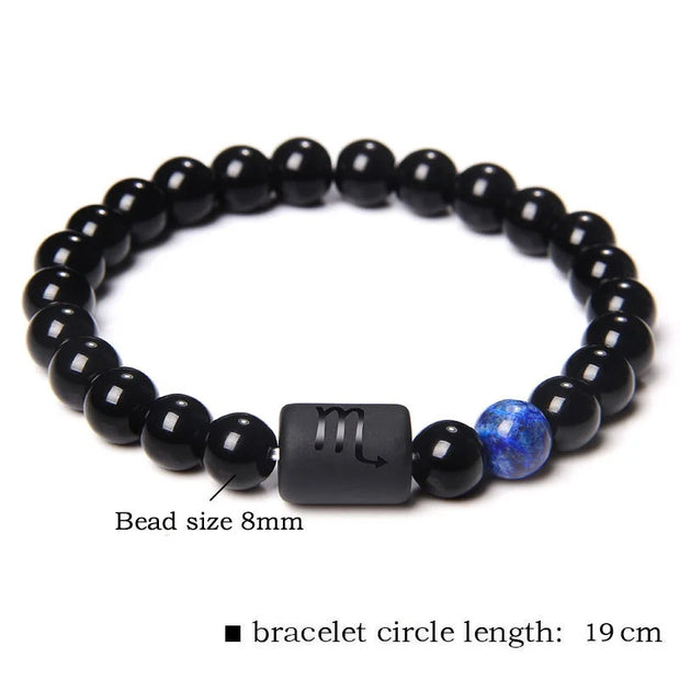 Mens Jewellery 12 Constellation Zodiac Signs Beads Couple Bracelet Natural Black Onyx Stone Elastic Charm Bracelet for Women Men