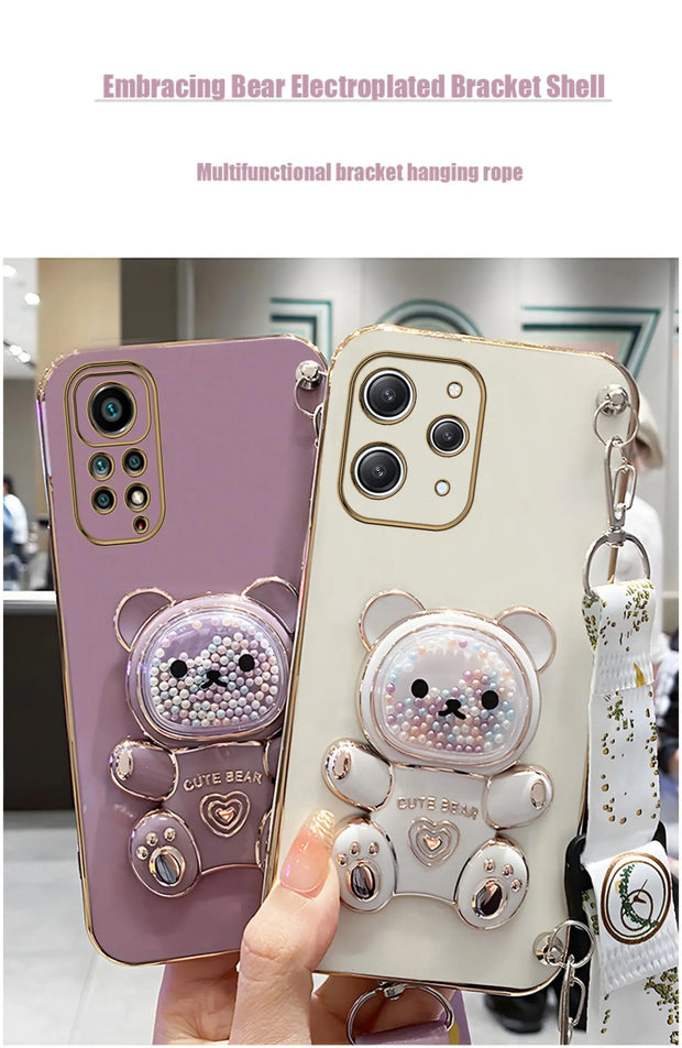 S 24plusQuicksand Bear Holder Lanyard Phone Case For Samsung Galaxy A25 A55 A15 A35 A04E 4G 5G S24 Ultra Strap Stand Cover a 55