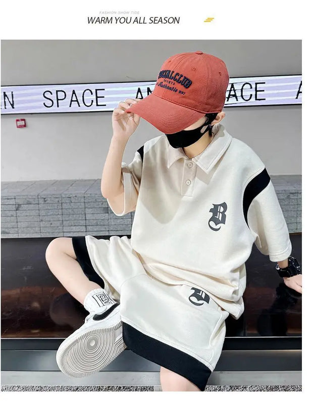 Summer Teenage Boy Clothes Set Children Girl Letter T-shirts & Shorts 2pcs Suit Kid Fashion Polo Top & Bottom Outfits Tracksuit