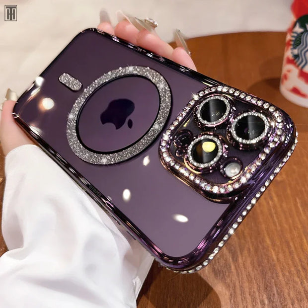 Luxury Crystal Diamond Clear Case For iPhone 15 11 12 13 14 Pro Max Plus Bling Sparkly Magsafe Magnetic Wireless Charging Cover