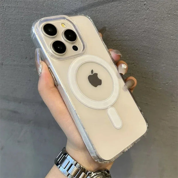 Luxury Transparent Magnetic Phone Case for iPhone 16 15 14 12 13 11 Pro Max Plus Mini XS XR 7 8 SE Wireless Charge Cover