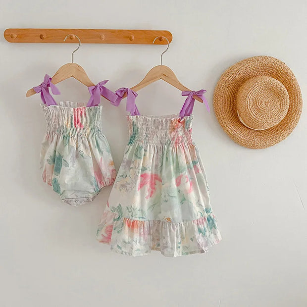 Sister Clothes Suits Girls Strap Romper Summer Cozy Cotton Floral Dress Bowknot Jumpsuit Toddler Girls Clothing Children Outfits