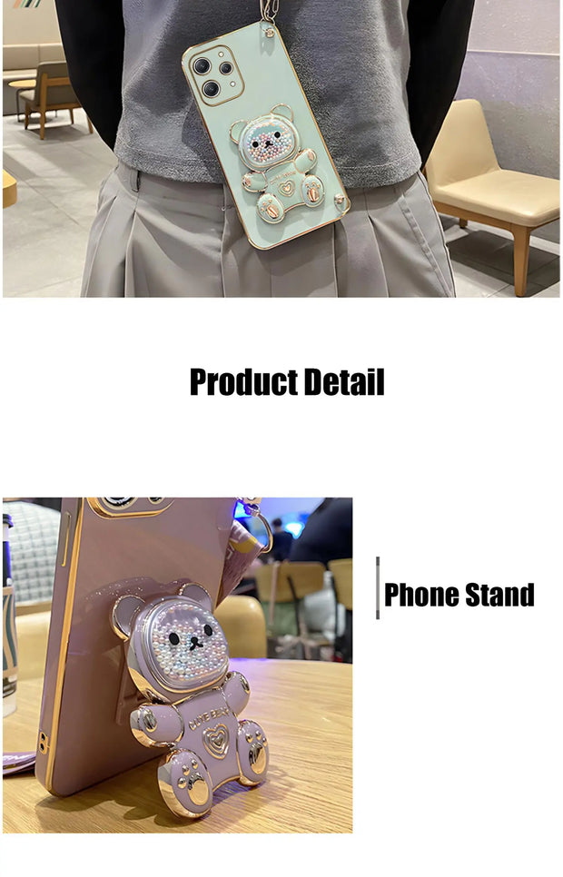 S 24plusQuicksand Bear Holder Lanyard Phone Case For Samsung Galaxy A25 A55 A15 A35 A04E 4G 5G S24 Ultra Strap Stand Cover a 55