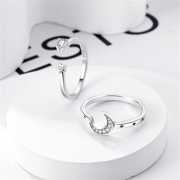 2 Pcs Ring Sets 925 Silver Jewelry Moon & Sun Ring For Women Wife Valentines's Day Gift Jewellery Lover 2 IN 1 Statement Band