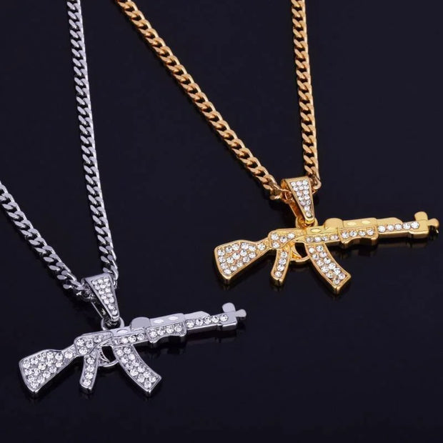 Mens Jewellery Punk Hip Hop Zircon Necklace for Men Personality Creative Submachinegun Pendant Party Jewelry Gift Collar Hombre