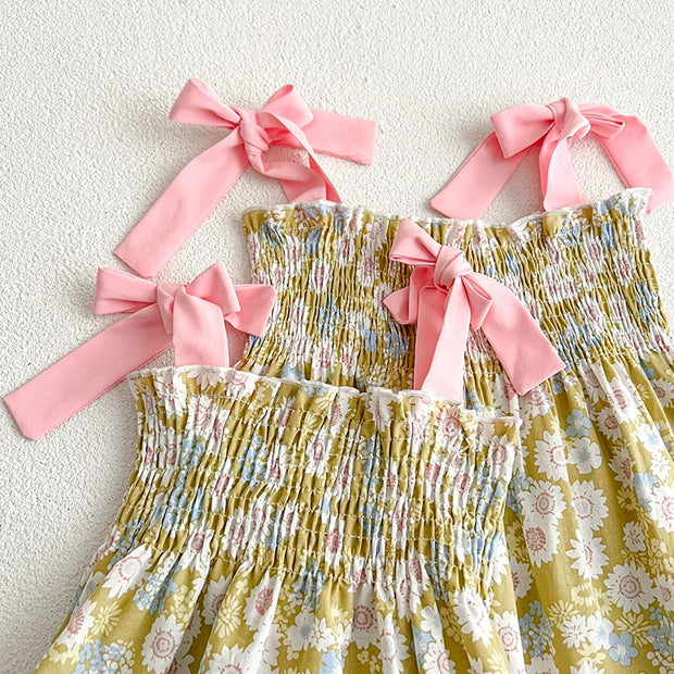 Sister Clothes Suits Girls Strap Romper Summer Cozy Cotton Floral Dress Bowknot Jumpsuit Toddler Girls Clothing Children Outfits