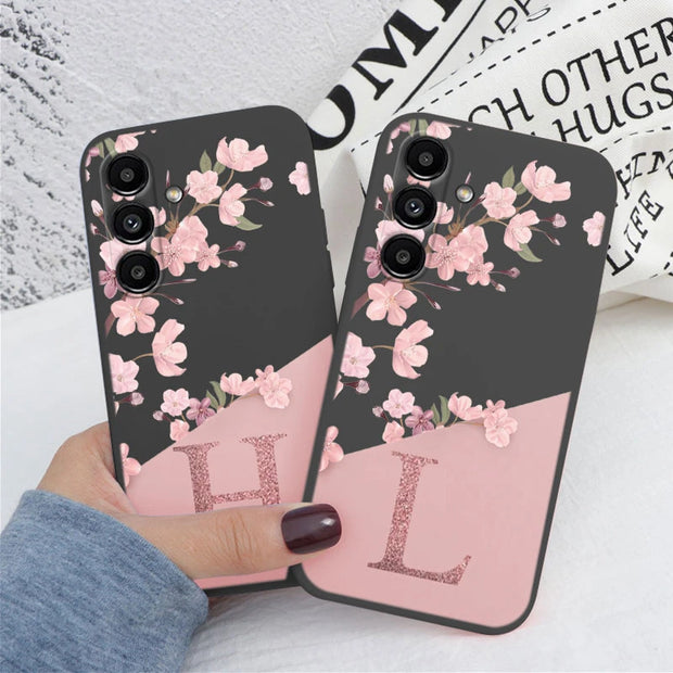 Pink Flower Case For Samsung Galaxy A14 Phone Cover Soft Silicone Initial Letter Fashion Shell Coque For Samsung A 14 5G Fundas