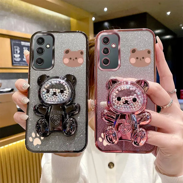 A 54 A 34 Glitter Bling Bear Phone Holder Case On For Samsung Galaxy A54 A55 A13 A14 A15 A23 A24 A25 A34 A35 4G 5G Stand Cover