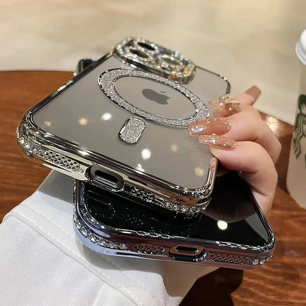 Luxury Crystal Diamond Clear Case For iPhone 15 11 12 13 14 Pro Max Plus Bling Sparkly Magsafe Magnetic Wireless Charging Cover