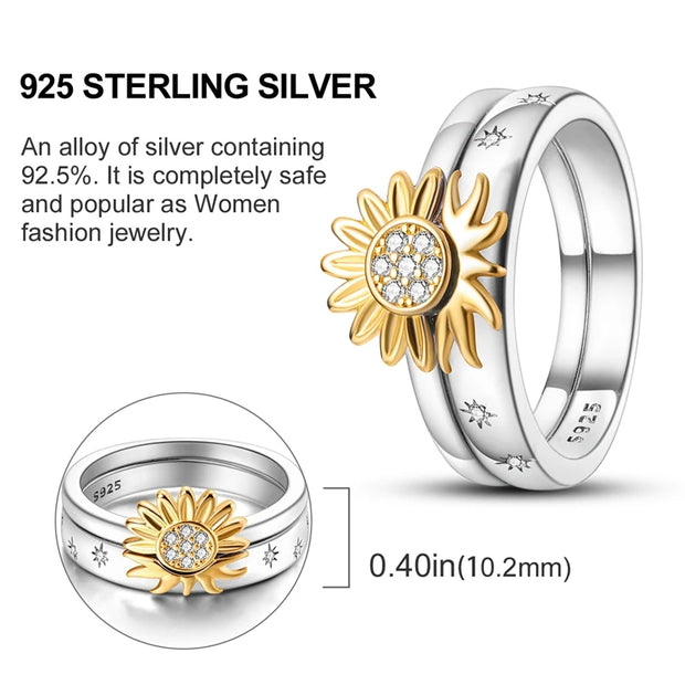 2 Pcs Ring Sets 925 Silver Jewelry Moon & Sun Ring For Women Wife Valentines's Day Gift Jewellery Lover 2 IN 1 Statement Band