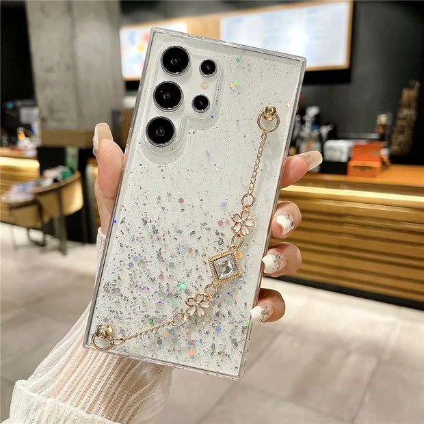 Flower Bracelet Glitter Phone Case For Samsung Galaxy A54 A55 A35 A24 A25 A15 A05 A05S A33 A34 A53 A73 A14 A13 A23 Chain Cover