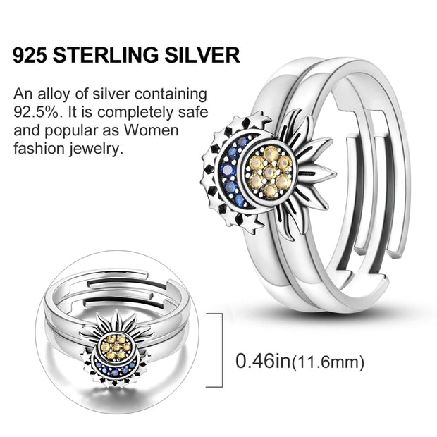 2 Pcs Ring Sets 925 Silver Jewelry Moon & Sun Ring For Women Wife Valentines's Day Gift Jewellery Lover 2 IN 1 Statement Band