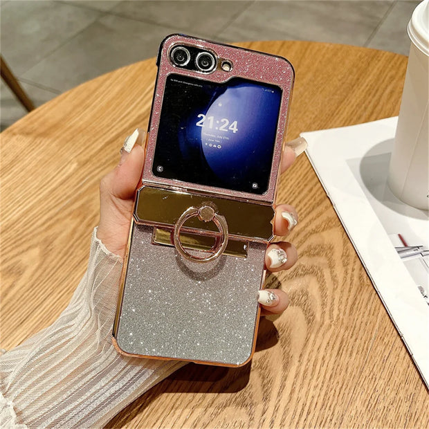 Glitter Ring Holder Stand Case for Samsung Galaxy Z Flip 5 4 3 6 ZFlip flip4 Flip5 Bracket Bling Diamond Gradient Plating Cover