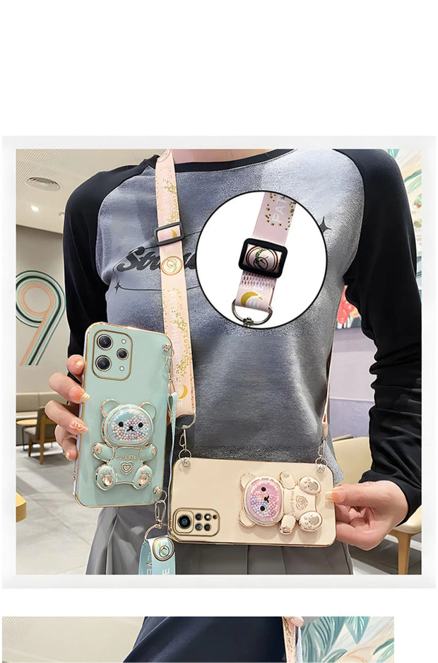 S 24plusQuicksand Bear Holder Lanyard Phone Case For Samsung Galaxy A25 A55 A15 A35 A04E 4G 5G S24 Ultra Strap Stand Cover a 55