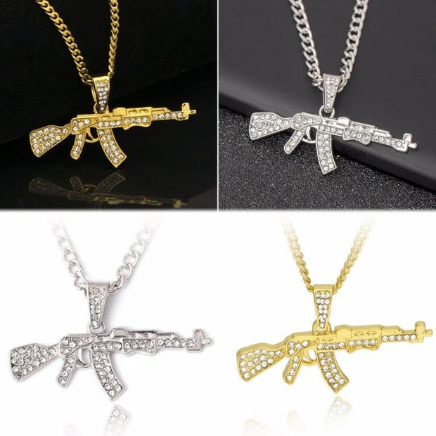 Mens Jewellery Punk Hip Hop Zircon Necklace for Men Personality Creative Submachinegun Pendant Party Jewelry Gift Collar Hombre