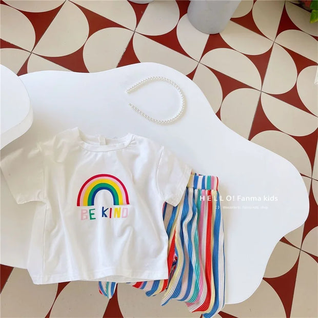 Baby Summer Set Children's Tops and Bottoms Suit New Girls Cute Short-Sleeved T-Shirt Rainbow Pleated Pants Two-Piece 12M-8Y