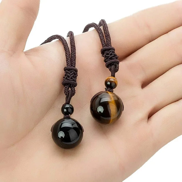 14mm Tiger Eyes Obsidian Beads Necklace Natural Stone Pendant Adjustable Fashion Charm Jewellery Carved Amulet Gifts for Men Her