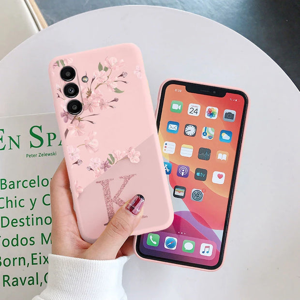 Pink Flower Case For Samsung Galaxy A14 Phone Cover Soft Silicone Initial Letter Fashion Shell Coque For Samsung A 14 5G Fundas