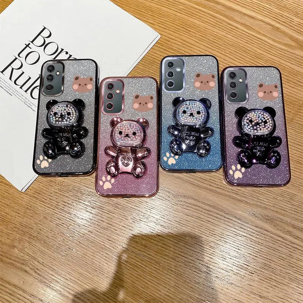 A 54 A 34 Glitter Bling Bear Phone Holder Case On For Samsung Galaxy A54 A55 A13 A14 A15 A23 A24 A25 A34 A35 4G 5G Stand Cover