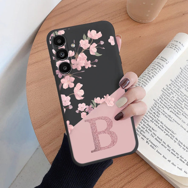 Pink Flower Case For Samsung Galaxy A14 Phone Cover Soft Silicone Initial Letter Fashion Shell Coque For Samsung A 14 5G Fundas