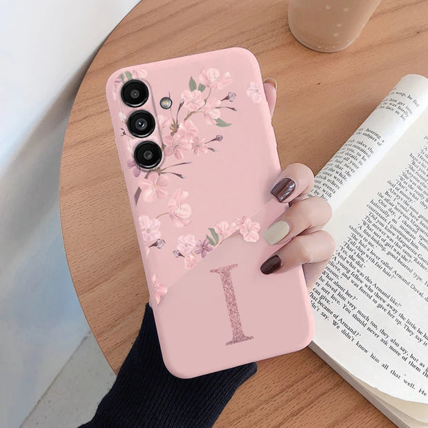 Pink Flower Case For Samsung Galaxy A14 Phone Cover Soft Silicone Initial Letter Fashion Shell Coque For Samsung A 14 5G Fundas