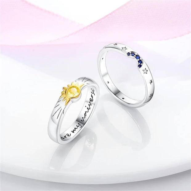 2 Pcs Ring Sets 925 Silver Jewelry Moon & Sun Ring For Women Wife Valentines's Day Gift Jewellery Lover 2 IN 1 Statement Band