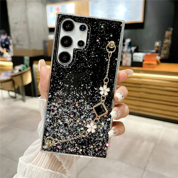 Flower Bracelet Glitter Phone Case For Samsung Galaxy A54 A55 A35 A24 A25 A15 A05 A05S A33 A34 A53 A73 A14 A13 A23 Chain Cover