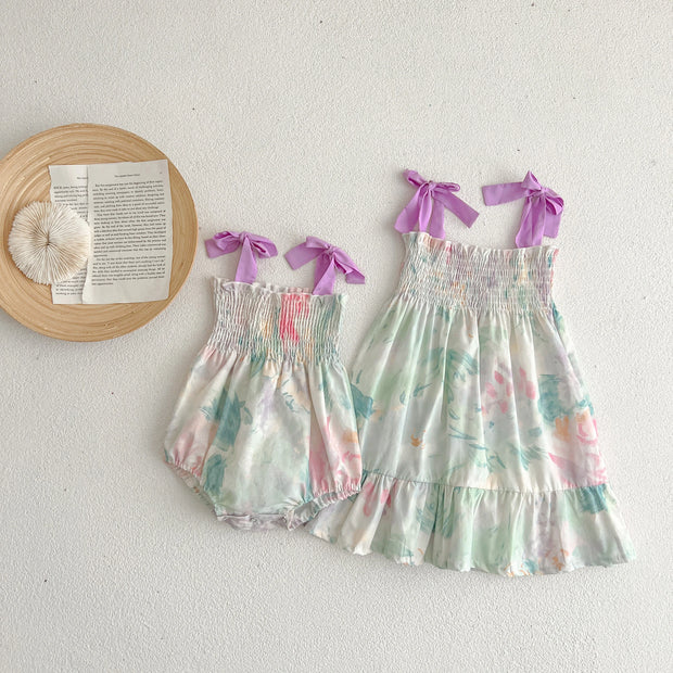 Sister Clothes Suits Girls Strap Romper Summer Cozy Cotton Floral Dress Bowknot Jumpsuit Toddler Girls Clothing Children Outfits