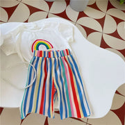 Baby Summer Set Children's Tops and Bottoms Suit New Girls Cute Short-Sleeved T-Shirt Rainbow Pleated Pants Two-Piece 12M-8Y