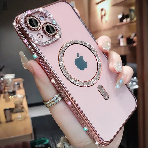 Luxury Crystal Diamond Clear Case For iPhone 15 11 12 13 14 Pro Max Plus Bling Sparkly Magsafe Magnetic Wireless Charging Cover