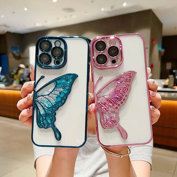 Luxury Electroplated Butterfly Transparent Soft Phone Case For iPhone 15 14 13 12 11 Pro Max Camera Protection Shockproof Cover