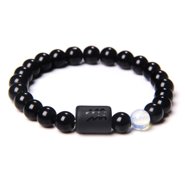 Mens Jewellery 12 Constellation Zodiac Signs Beads Couple Bracelet Natural Black Onyx Stone Elastic Charm Bracelet for Women Men