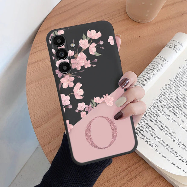 Pink Flower Case For Samsung Galaxy A14 Phone Cover Soft Silicone Initial Letter Fashion Shell Coque For Samsung A 14 5G Fundas