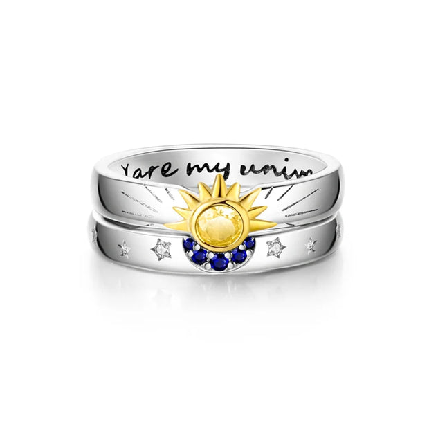 2 Pcs Ring Sets 925 Silver Jewelry Moon & Sun Ring For Women Wife Valentines's Day Gift Jewellery Lover 2 IN 1 Statement Band