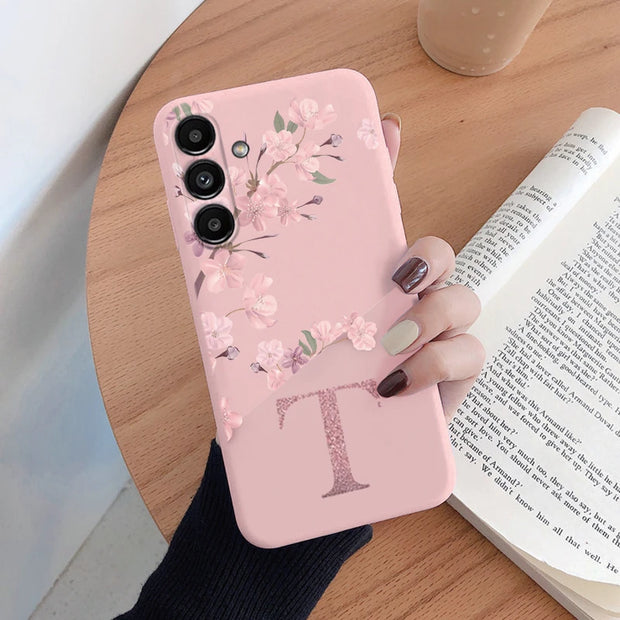 Pink Flower Case For Samsung Galaxy A14 Phone Cover Soft Silicone Initial Letter Fashion Shell Coque For Samsung A 14 5G Fundas