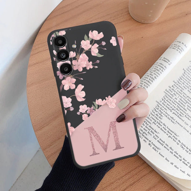 Pink Flower Case For Samsung Galaxy A14 Phone Cover Soft Silicone Initial Letter Fashion Shell Coque For Samsung A 14 5G Fundas