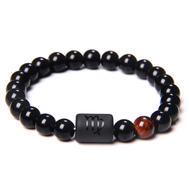 Mens Jewellery 12 Constellation Zodiac Signs Beads Couple Bracelet Natural Black Onyx Stone Elastic Charm Bracelet for Women Men